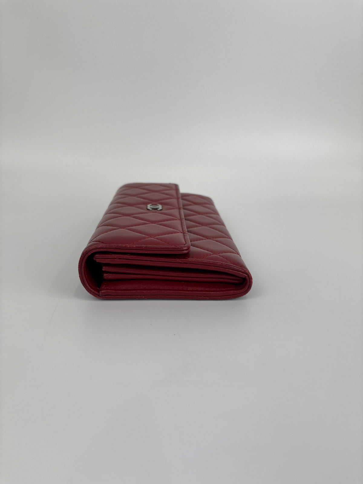 Quilted Long Flap Wallet Red Lambskin SHW - Glampot