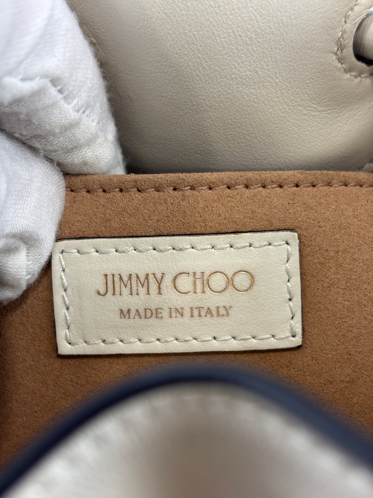 Jimmy Choo Small Bon Bon Leather Bucket Bag in White - Glampot