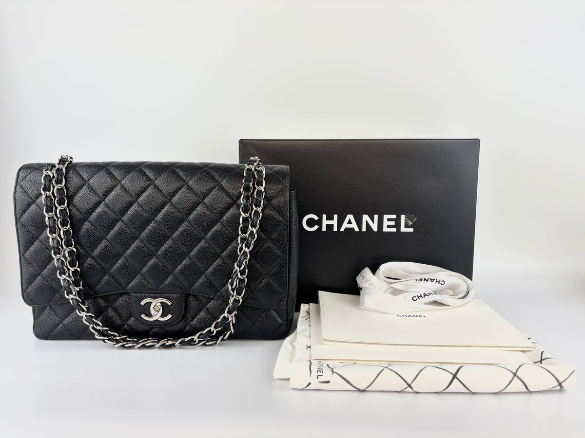 Maxi Classic Double Flap Bag Black Caviar Leather SHW - Glampot