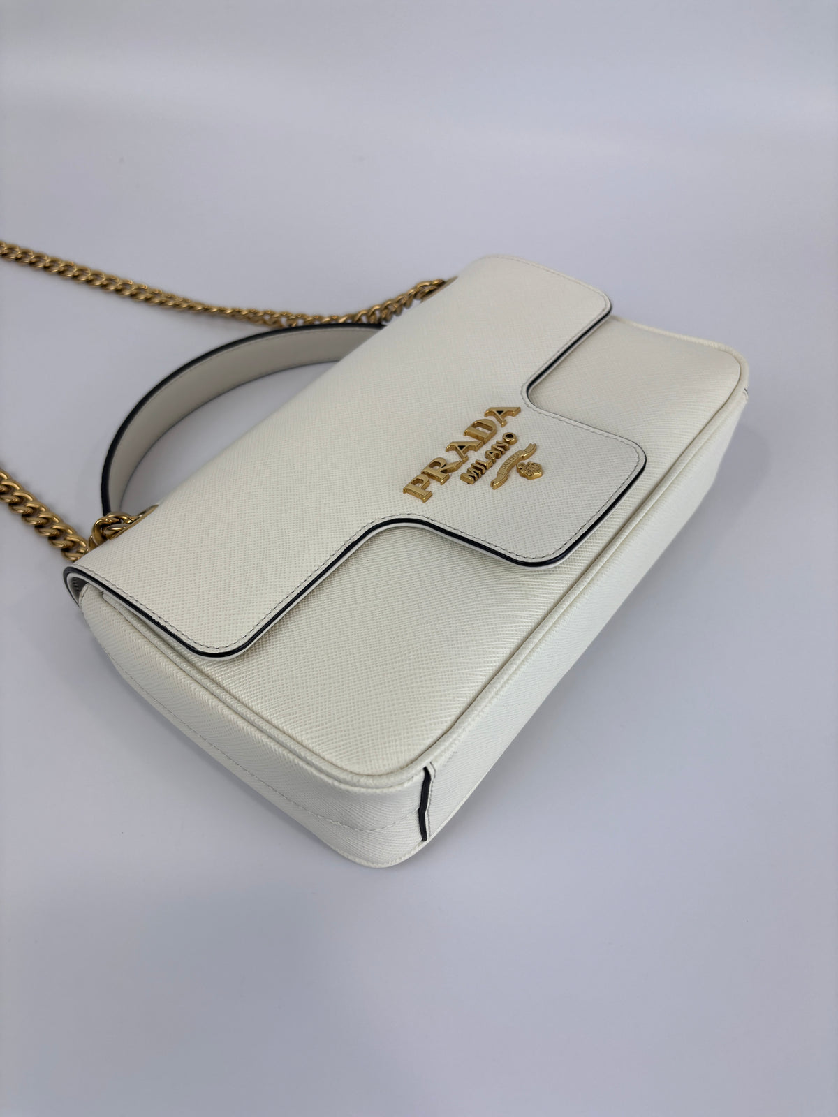 1BD1963 Bianco Saffiano Flap Shoulder Bag - Glampot