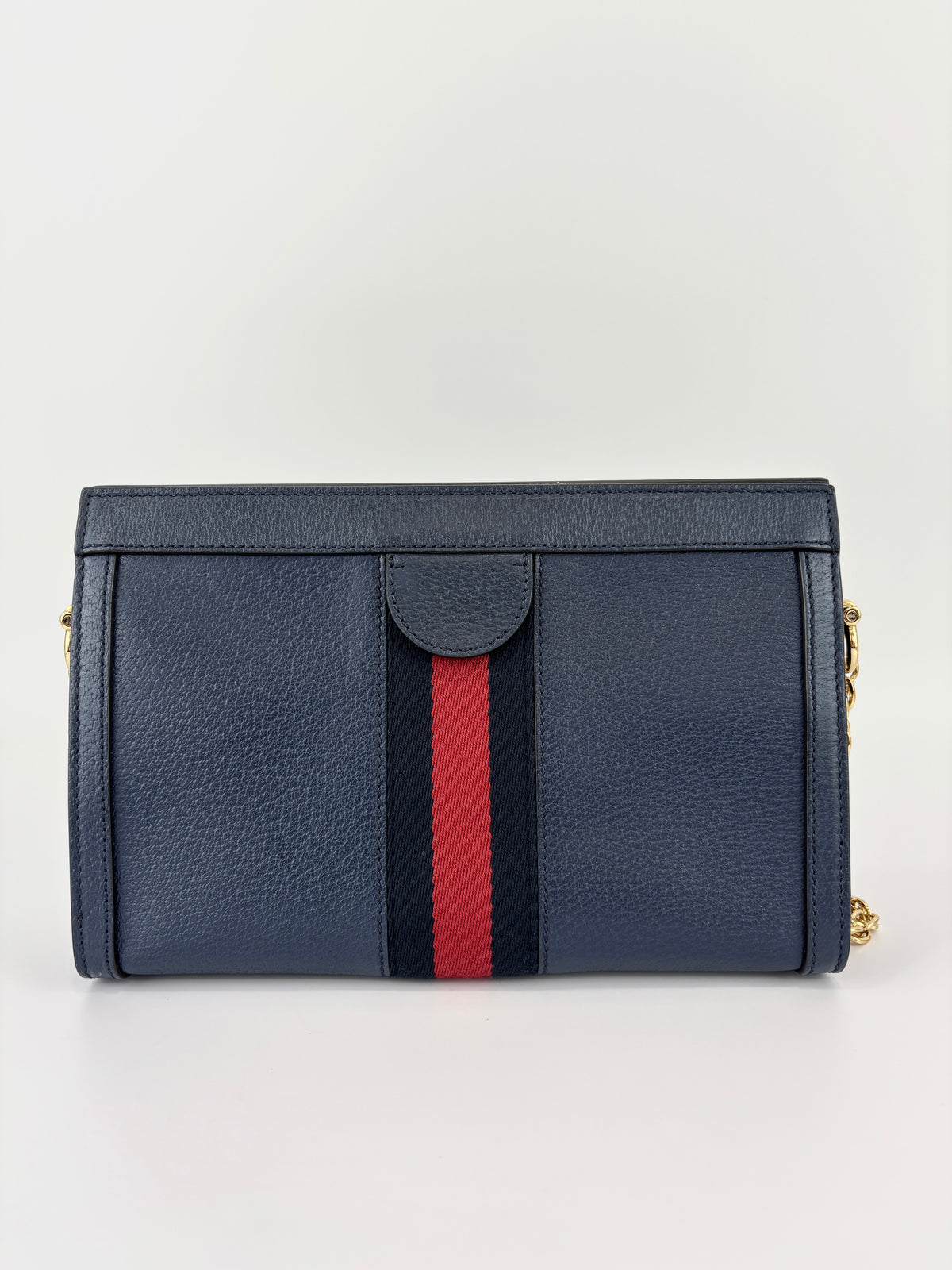 Gucci Ophidia Small Chain GG Web Shoulder Bag in Navy Calfskin - Glampot