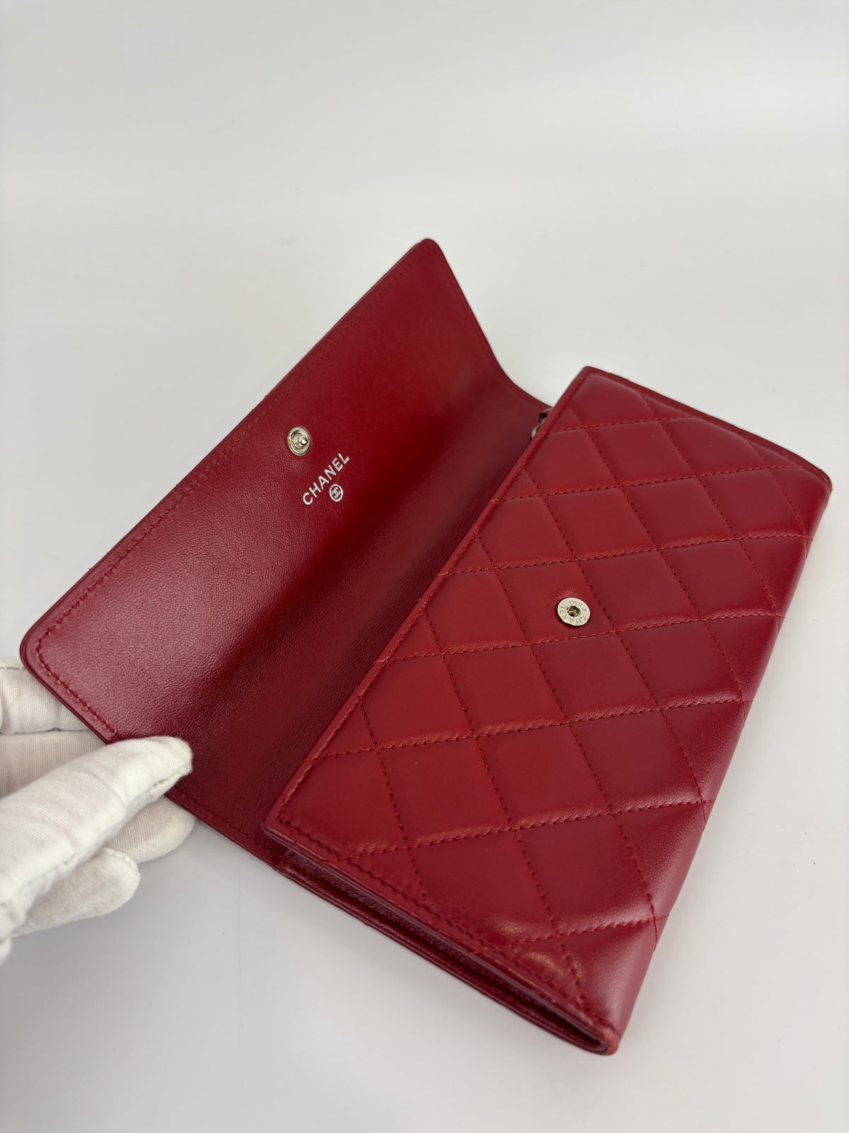 Quilted Long Flap Wallet Red Lambskin SHW - Glampot