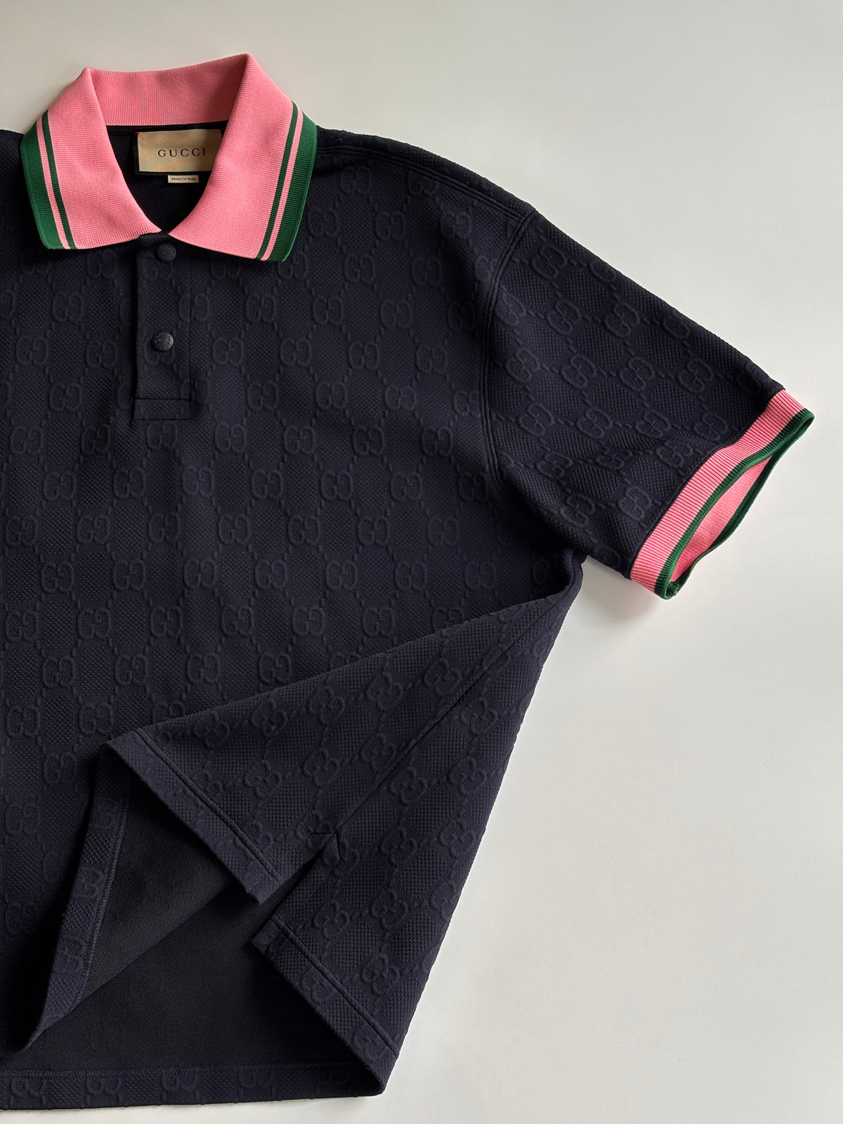 768579 GG Detail Jacquard Polo Shirt with Pink / Green Collar Size M - Glampot