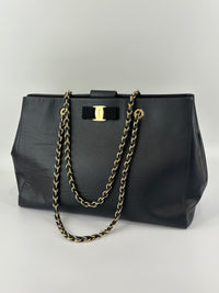Salvatore Ferragamo Vara Ribbon Chain Shoulder Tote in Black - Glampot