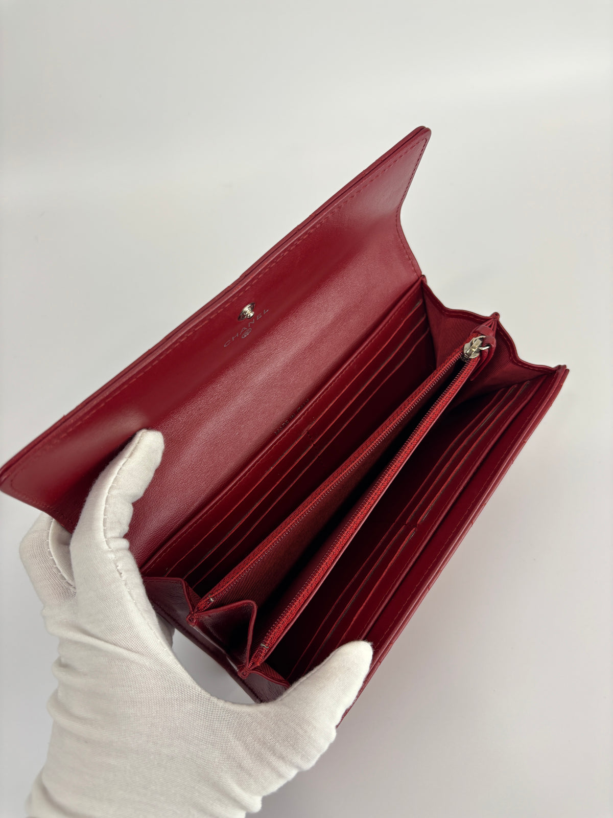 Quilted Long Flap Wallet Red Lambskin SHW - Glampot
