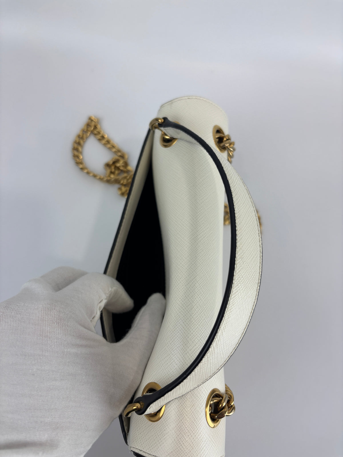 1BD1963 Bianco Saffiano Flap Shoulder Bag - Glampot