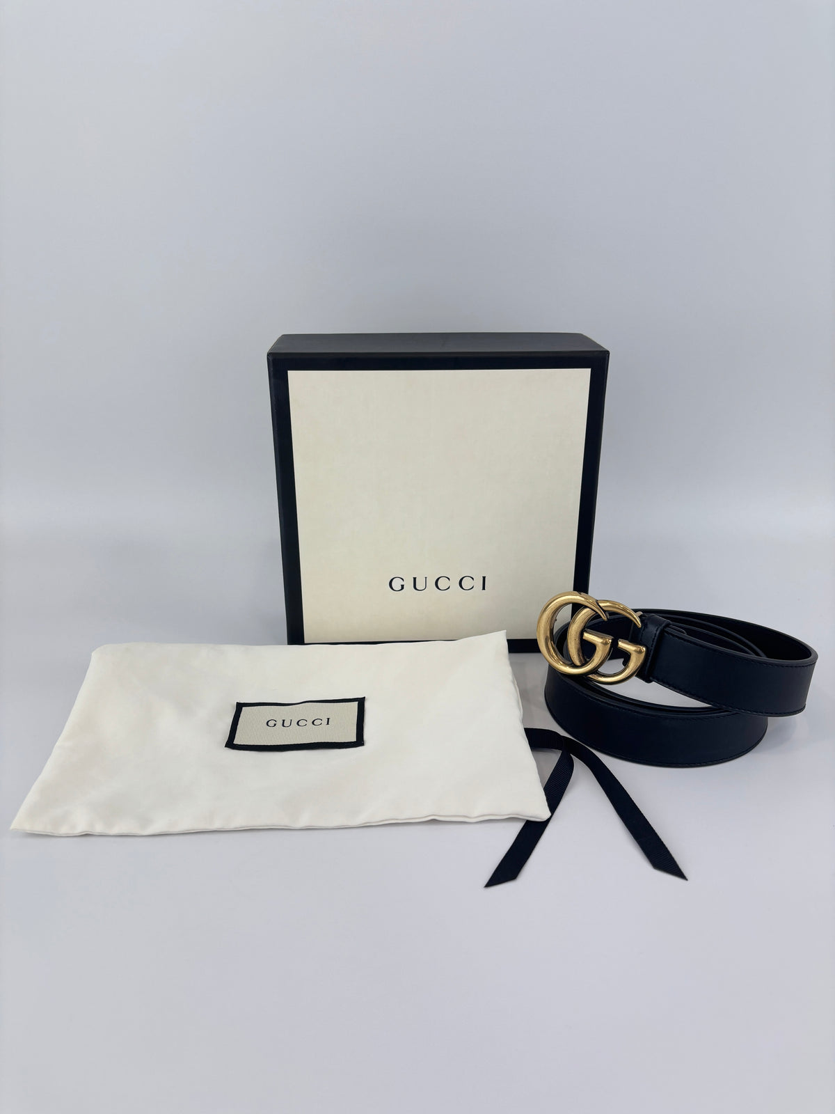 Gucci GG Marmont Slim Leather Belt in Black Size 85 - Glampot