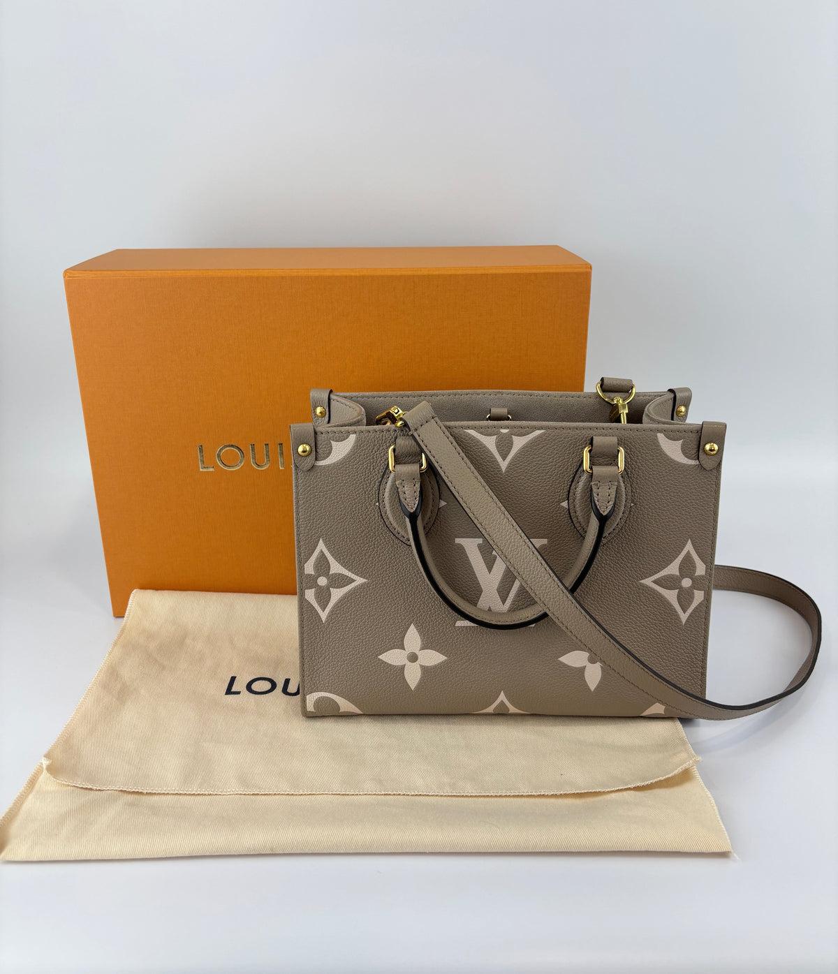 Louis Vuitton OnTheGo PM Bicolour Monogram Empreinte Tourterelle/Creme - Glampot