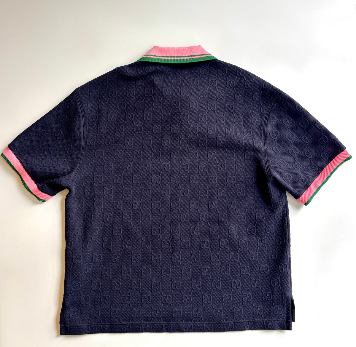 768579 GG Detail Jacquard Polo Shirt with Pink / Green Collar Size M - Glampot
