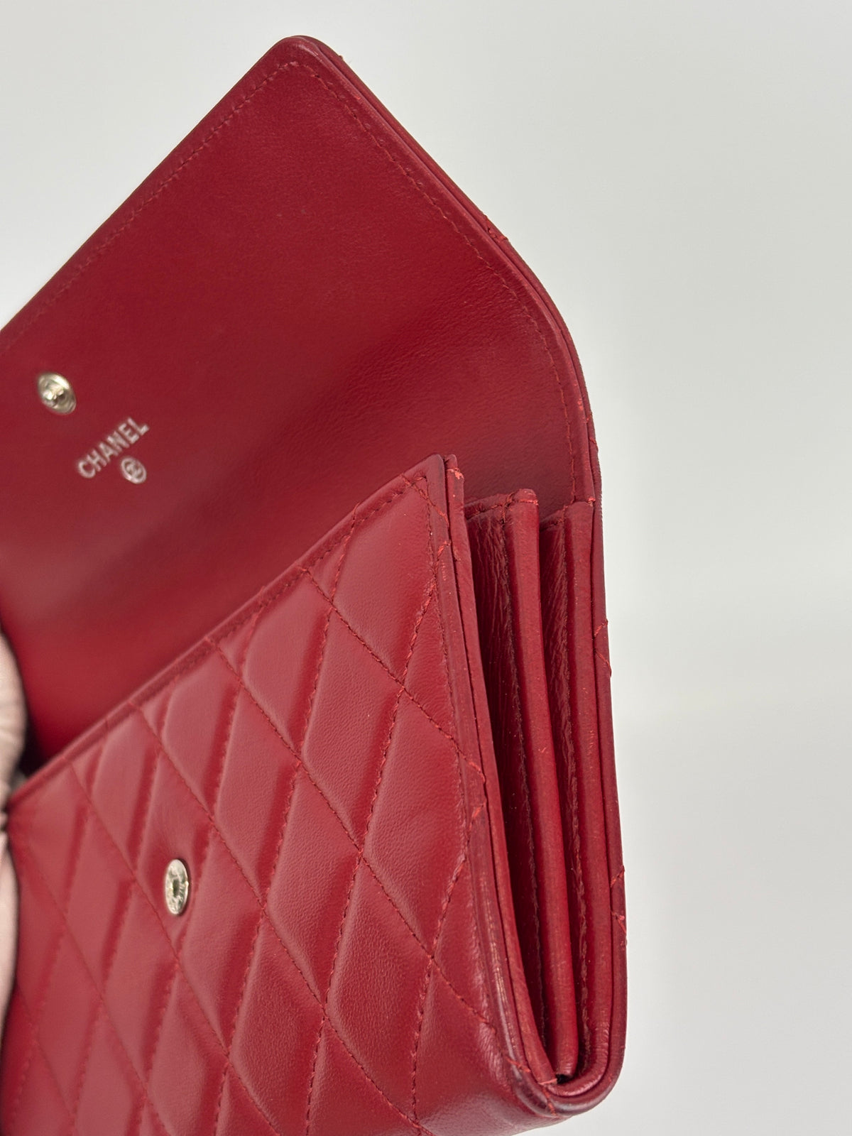 Quilted Long Flap Wallet Red Lambskin SHW - Glampot