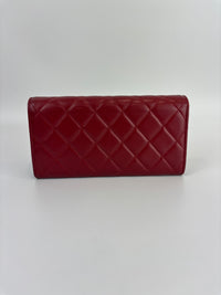 Quilted Long Flap Wallet Red Lambskin SHW - Glampot