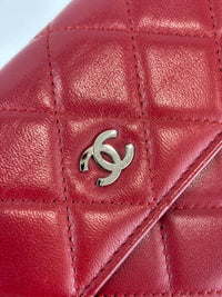 Quilted Long Flap Wallet Red Lambskin SHW - Glampot