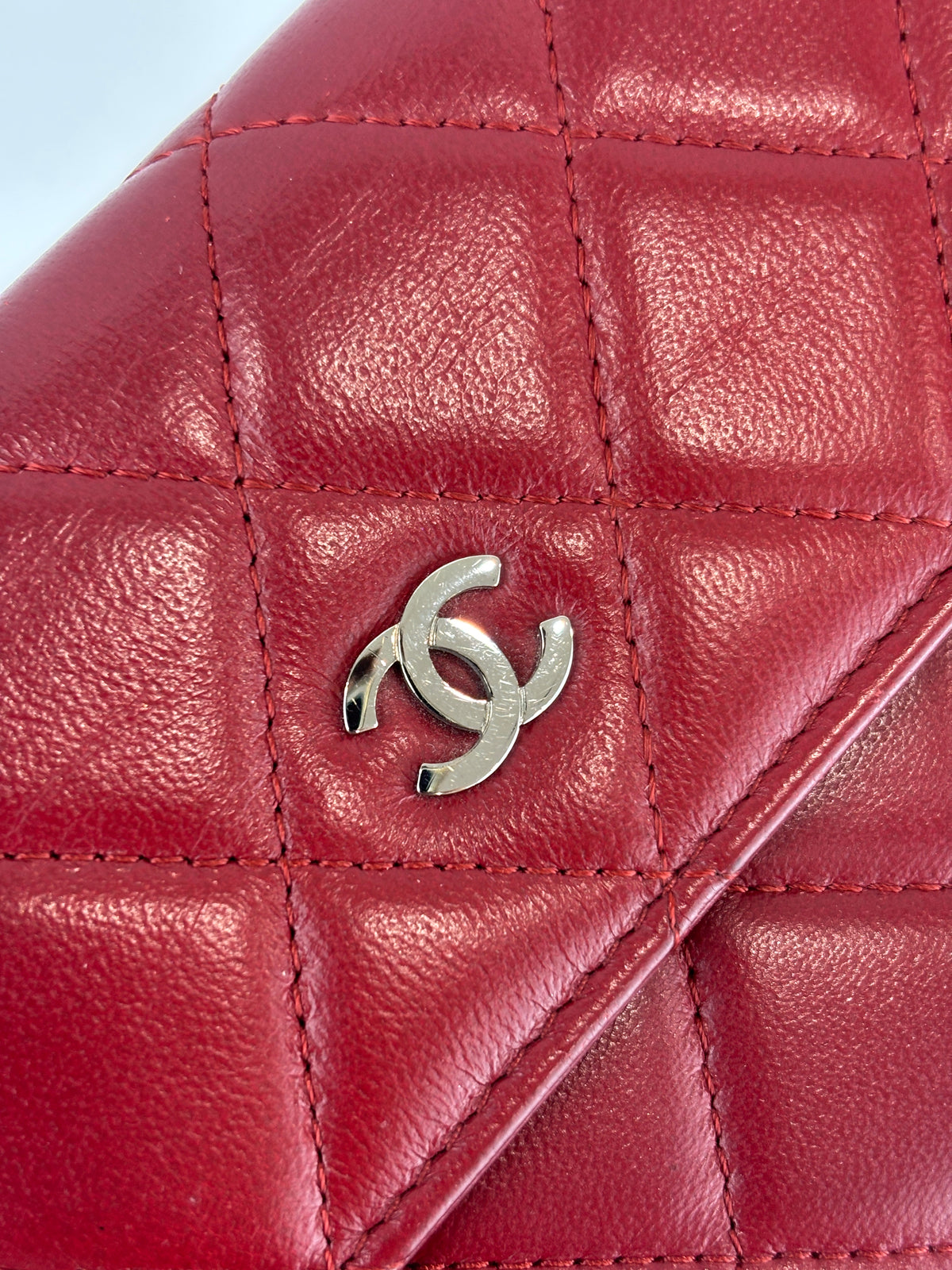 Quilted Long Flap Wallet Red Lambskin SHW - Glampot