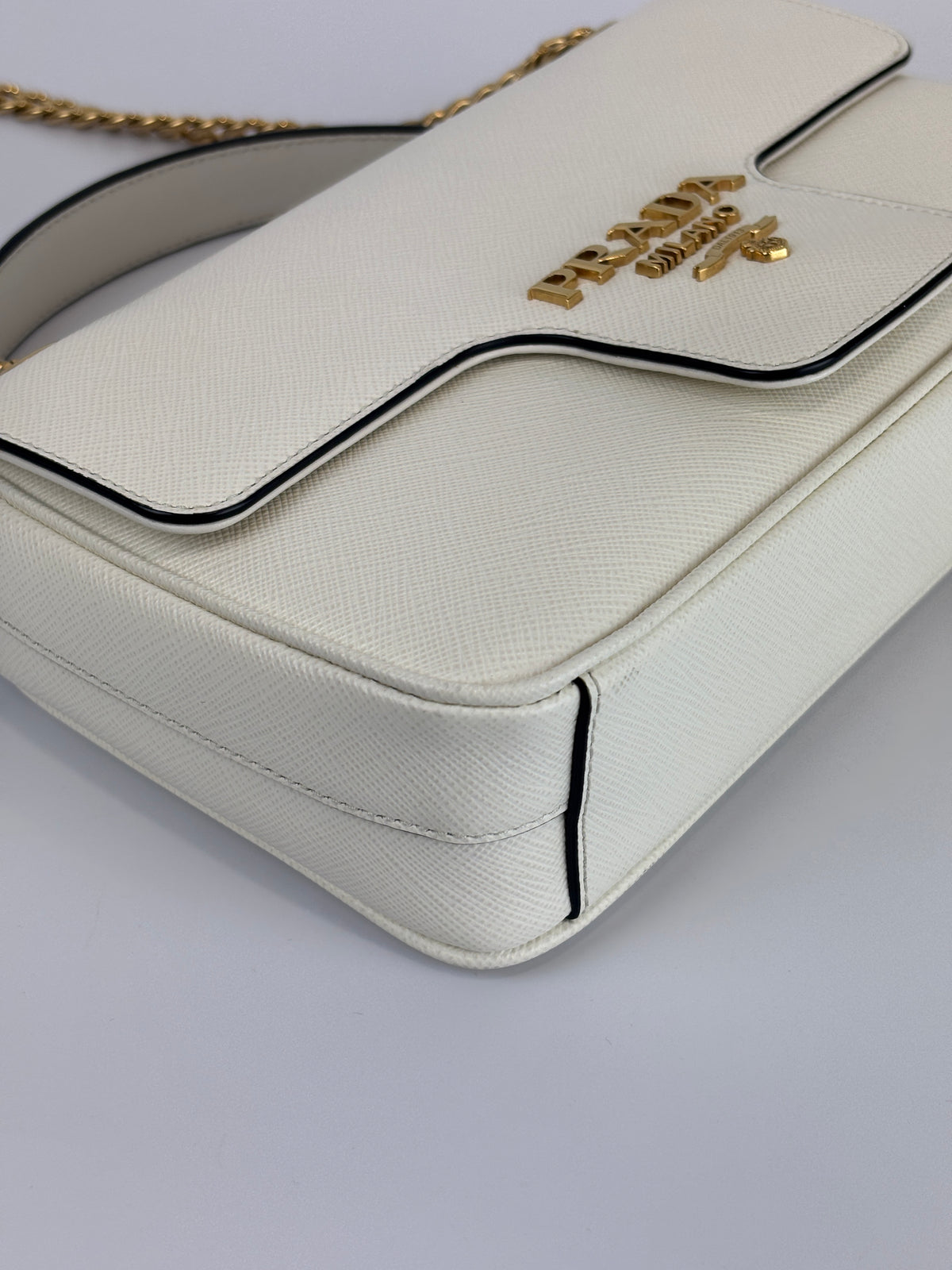 1BD1963 Bianco Saffiano Flap Shoulder Bag - Glampot