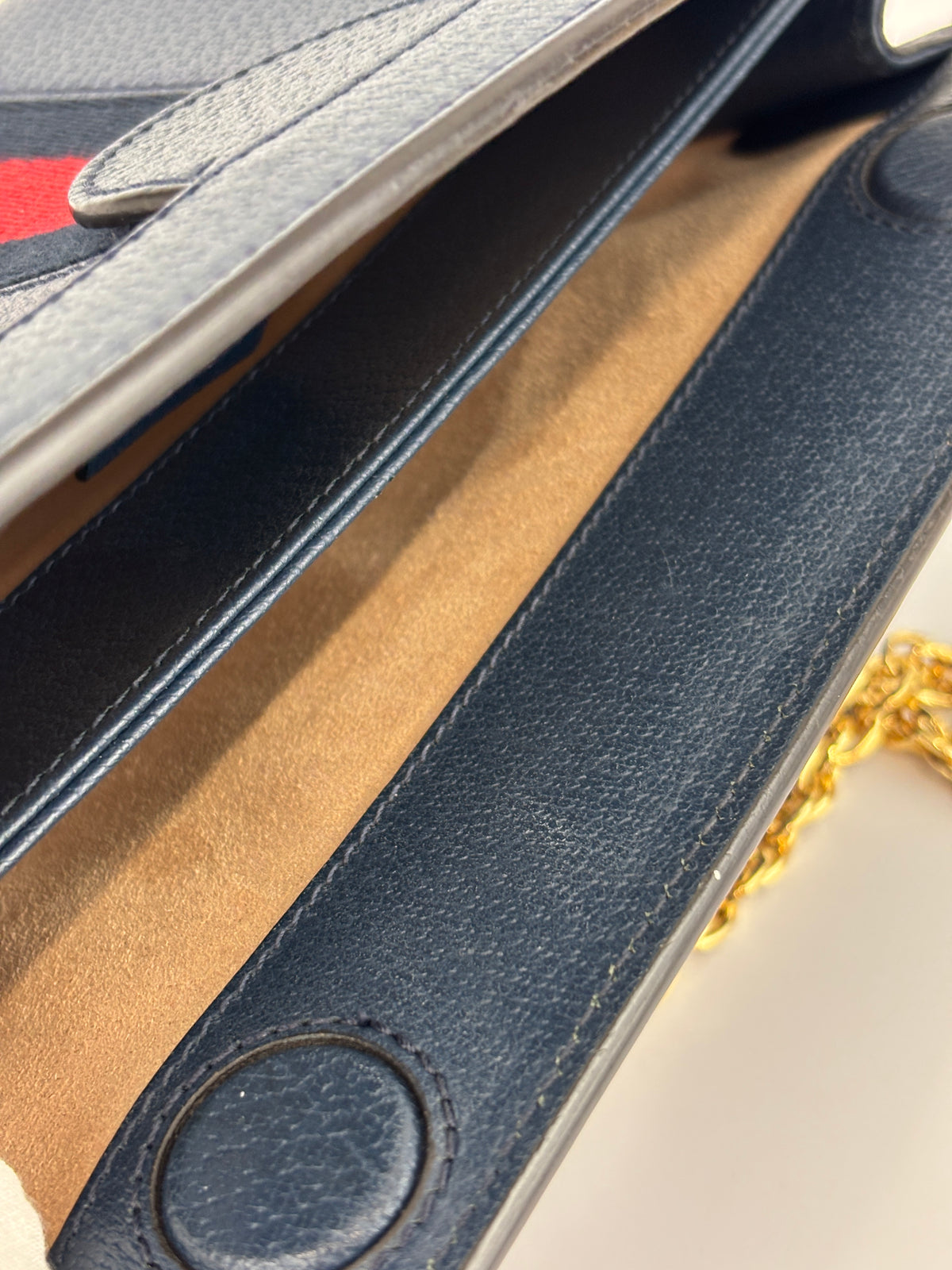 Gucci Ophidia Small Chain GG Web Shoulder Bag in Navy Calfskin - Glampot