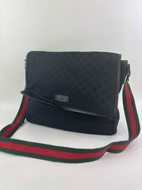 Gucci Black Web Strap Flap Messenger GG Canvas Medium - Glampot
