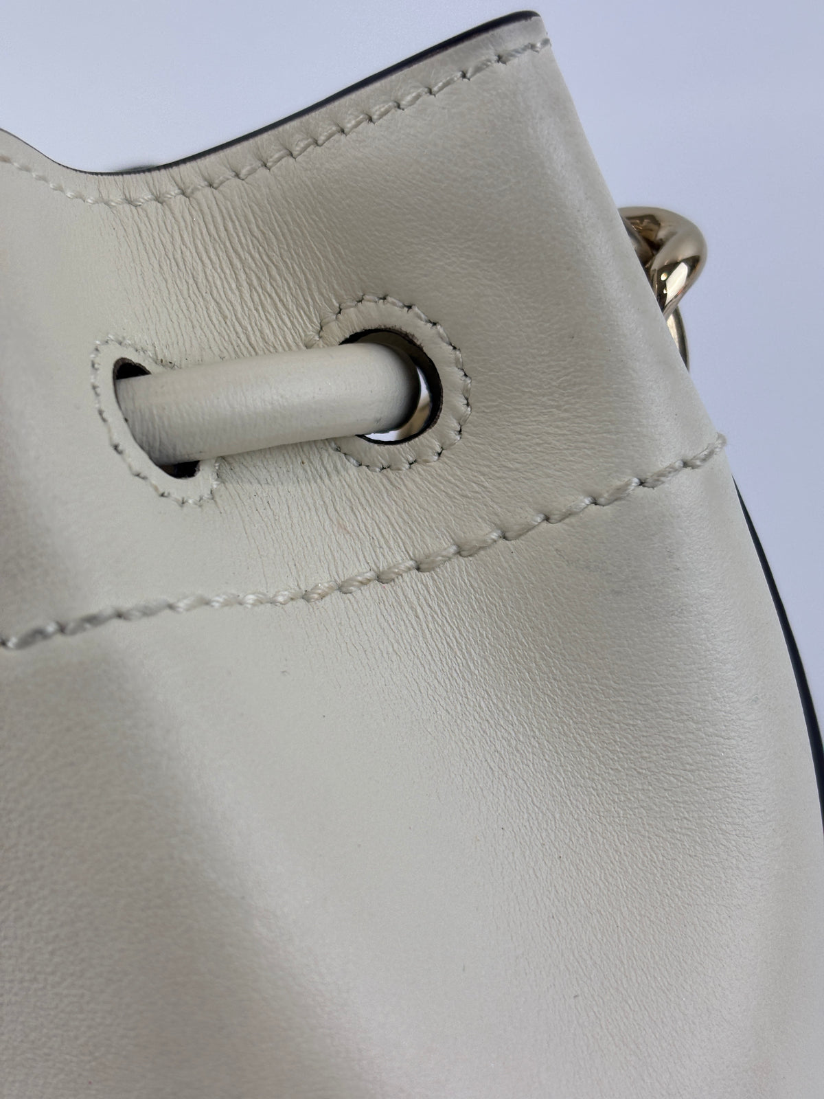 Jimmy Choo Small Bon Bon Leather Bucket Bag in White - Glampot
