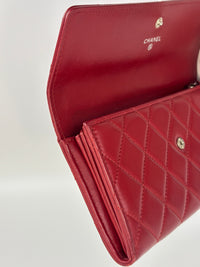 Quilted Long Flap Wallet Red Lambskin SHW - Glampot