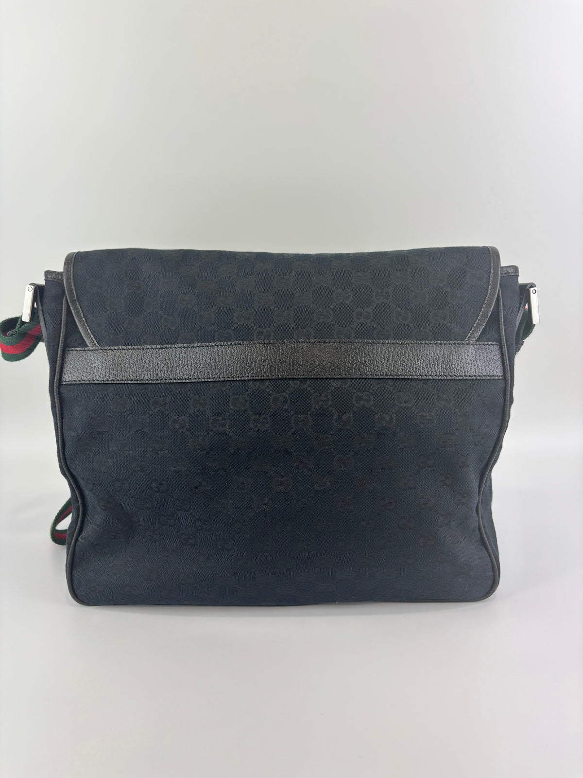 Gucci Black Web Strap Flap Messenger GG Canvas Medium - Glampot