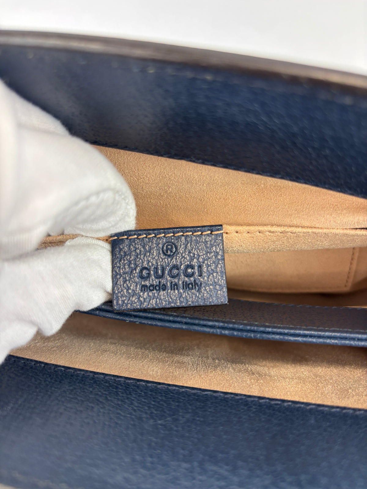 Gucci Ophidia Small Chain GG Web Shoulder Bag in Navy Calfskin - Glampot