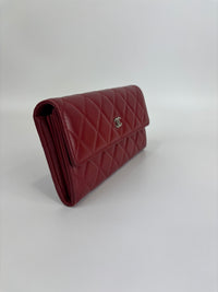 Quilted Long Flap Wallet Red Lambskin SHW - Glampot