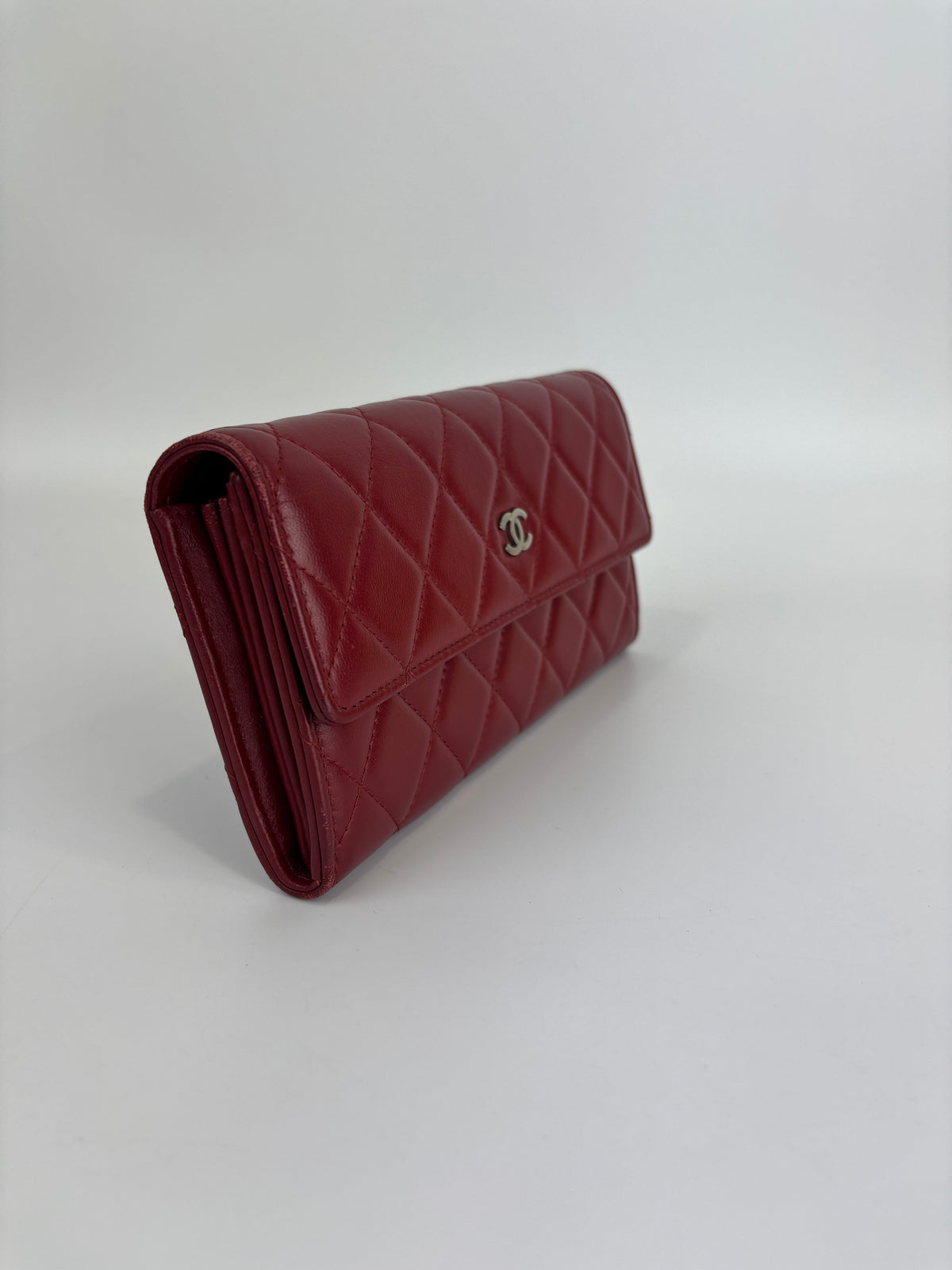 Quilted Long Flap Wallet Red Lambskin SHW - Glampot