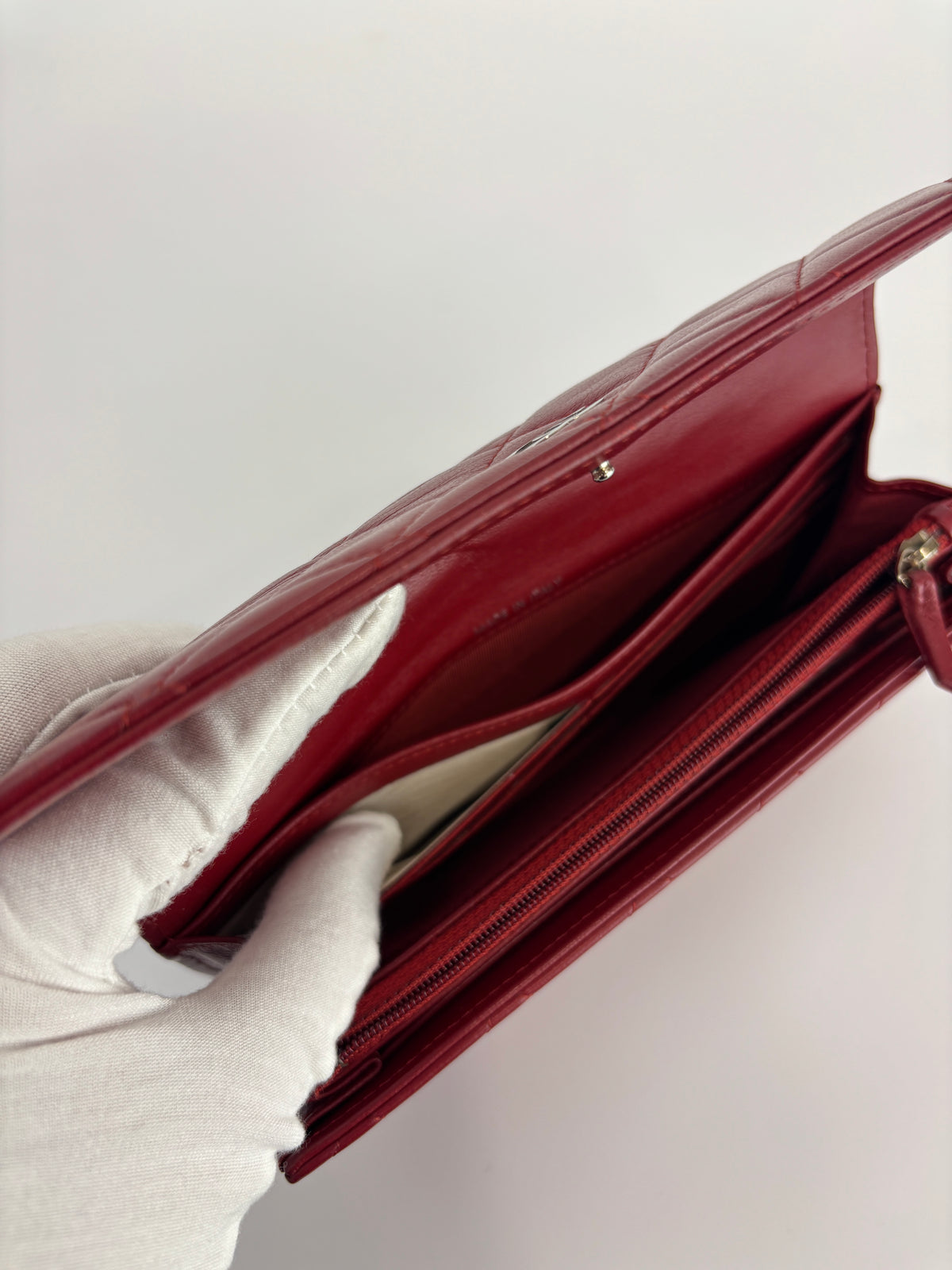 Quilted Long Flap Wallet Red Lambskin SHW - Glampot