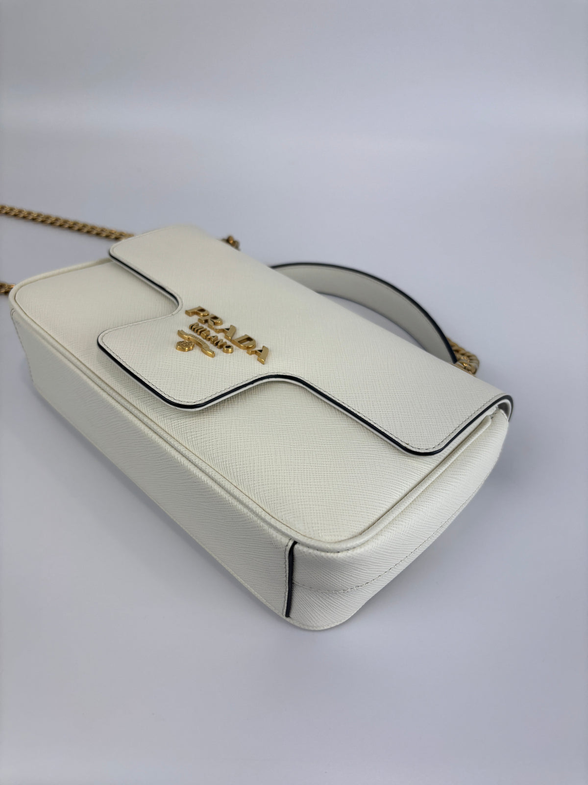 1BD1963 Bianco Saffiano Flap Shoulder Bag - Glampot