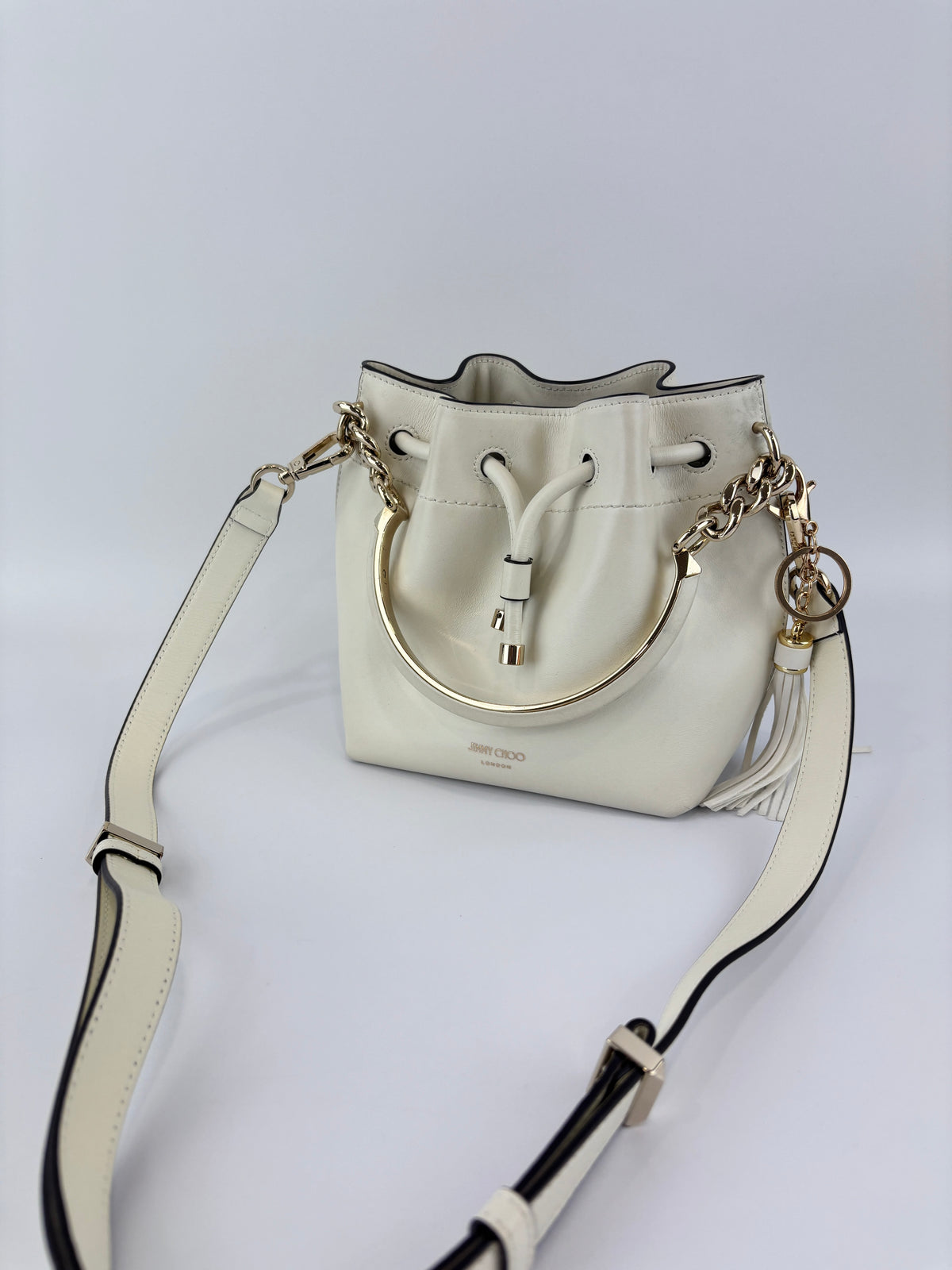 Jimmy Choo Small Bon Bon Leather Bucket Bag in White - Glampot