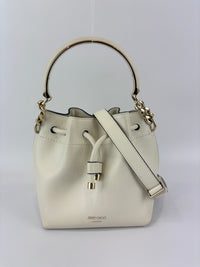 Jimmy Choo Small Bon Bon Leather Bucket Bag in White - Glampot