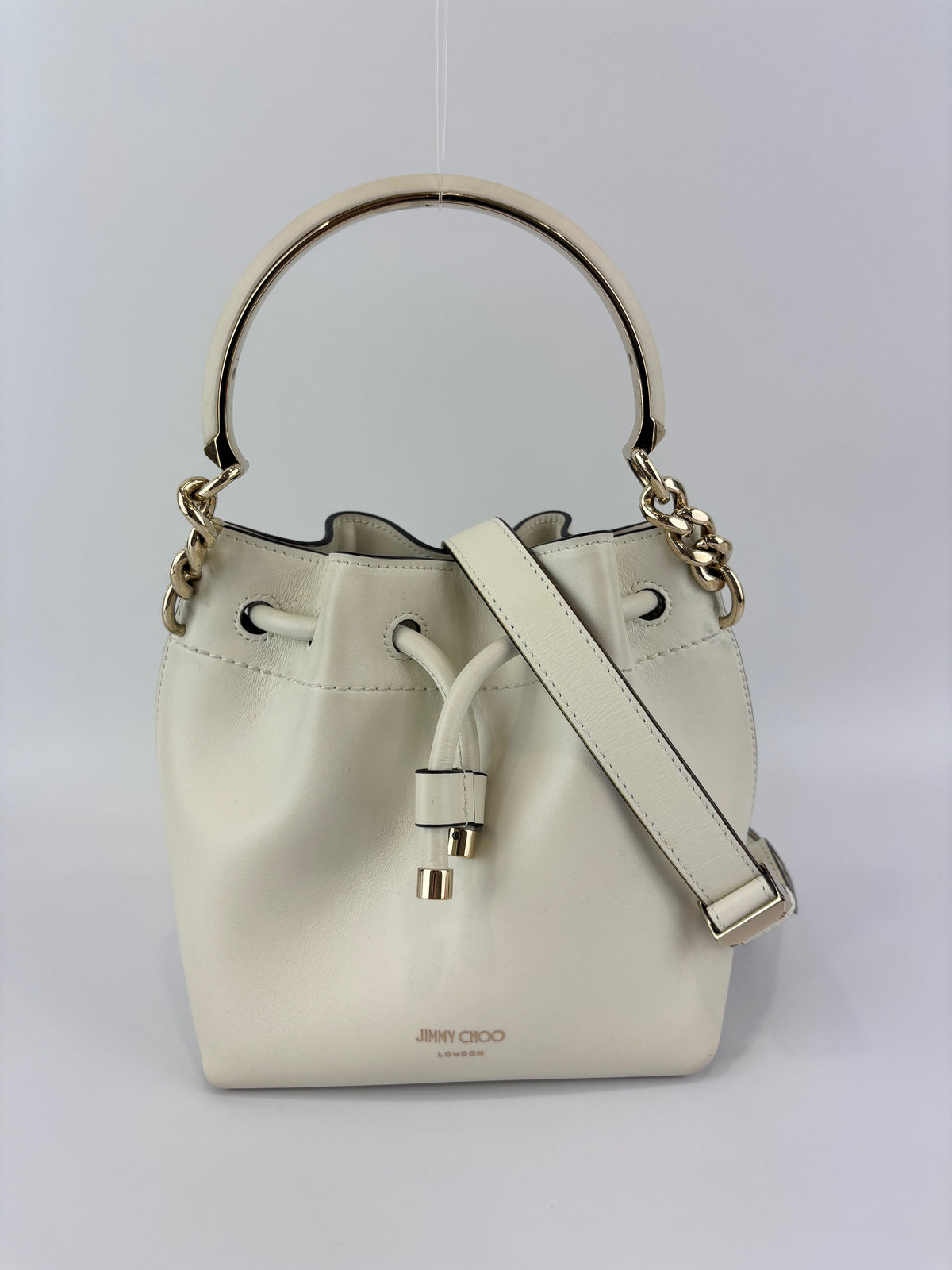 Jimmy Choo Small Bon Bon Leather Bucket Bag in White - Glampot