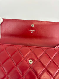 Quilted Long Flap Wallet Red Lambskin SHW - Glampot