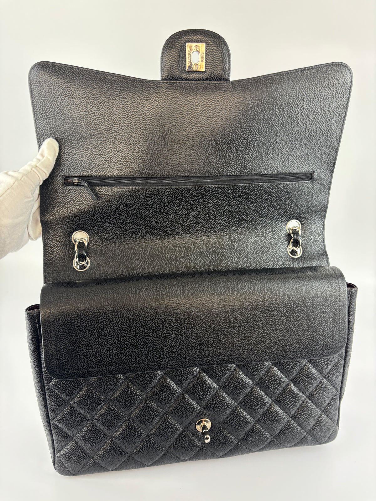 Maxi Classic Double Flap Bag Black Caviar Leather SHW - Glampot