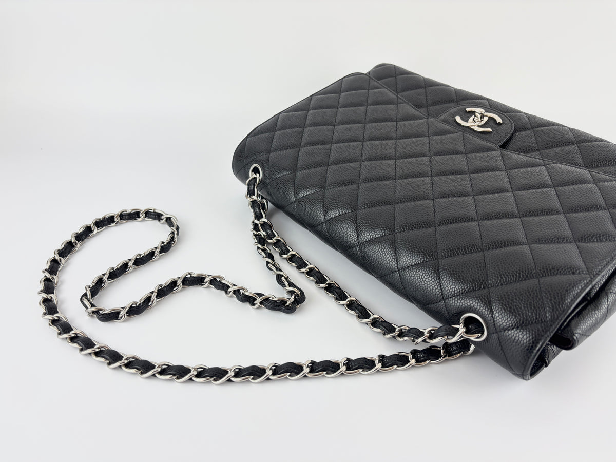Maxi Classic Double Flap Bag Black Caviar Leather SHW - Glampot