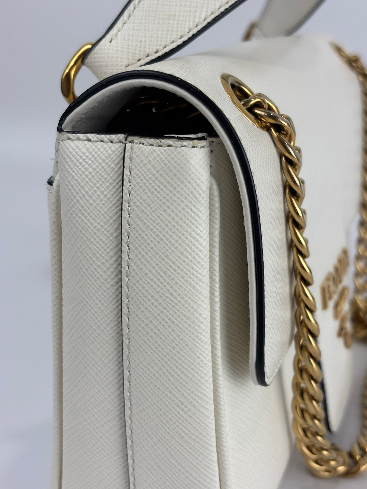1BD1963 Bianco Saffiano Flap Shoulder Bag - Glampot
