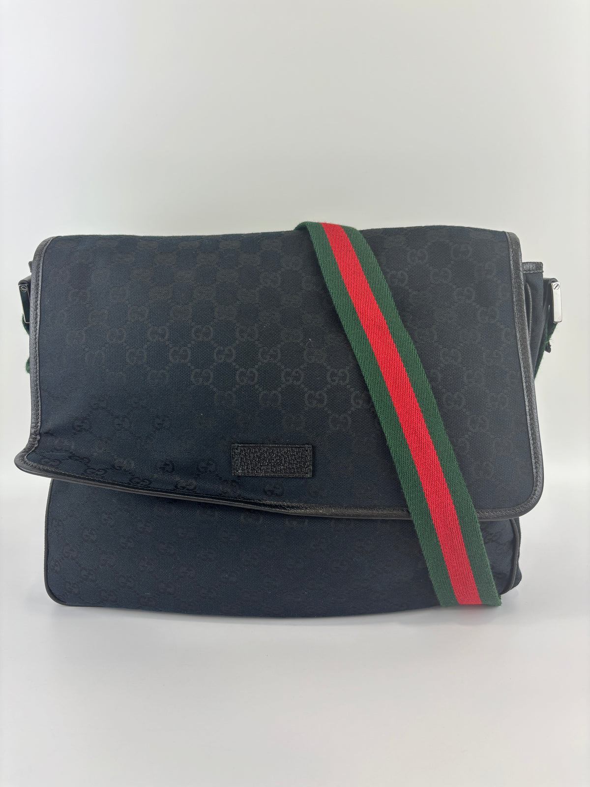 Gucci Black Web Strap Flap Messenger GG Canvas Medium - Glampot
