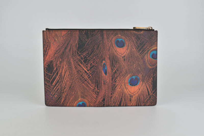 Peacock Feather Printed Canvas Large Flat Pouch Bag/Clutch (FW 2015) EX F 0165