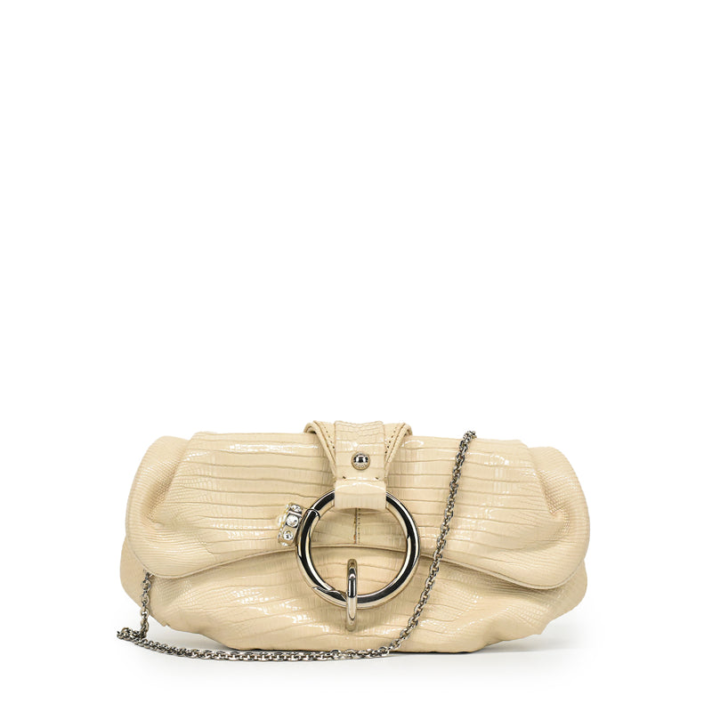 White Lizard Embossed Leather Dinner Clutch with Chain, Faux Pearl Crystal Embellished V01 A21/17