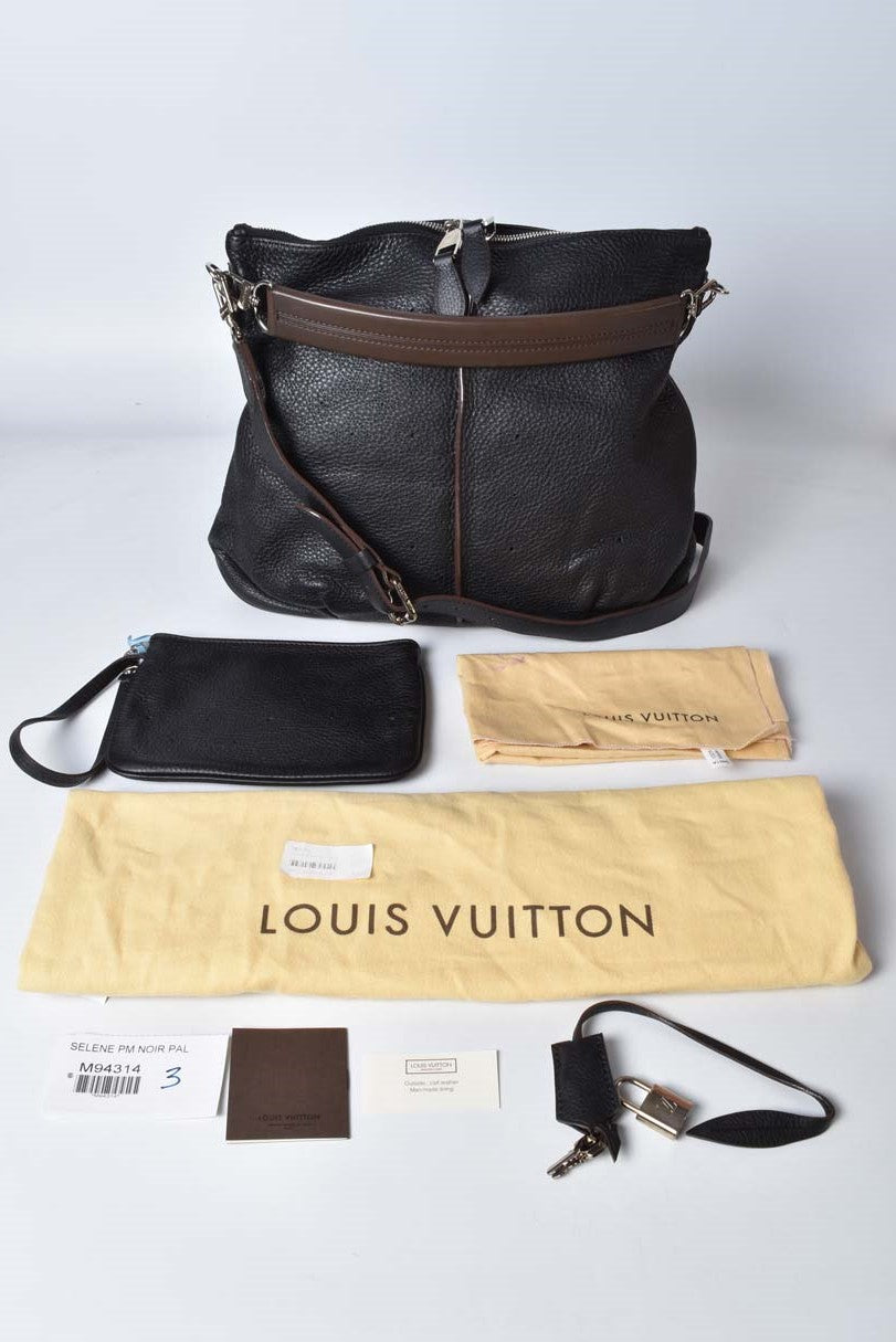 Louis Vuitton Selene MM Mahina Leather Tote Shoulder Bag Black Noir